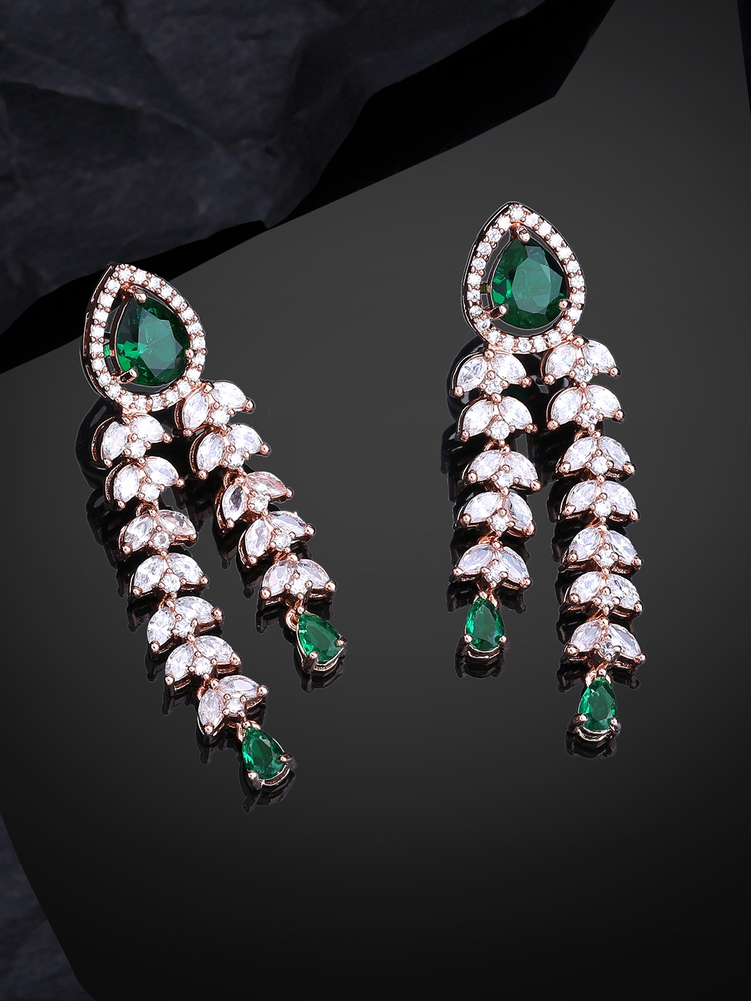 

Estele Rose Gold-Plated CZ-Studded Teardrop Shaped Drop Earrings, Green