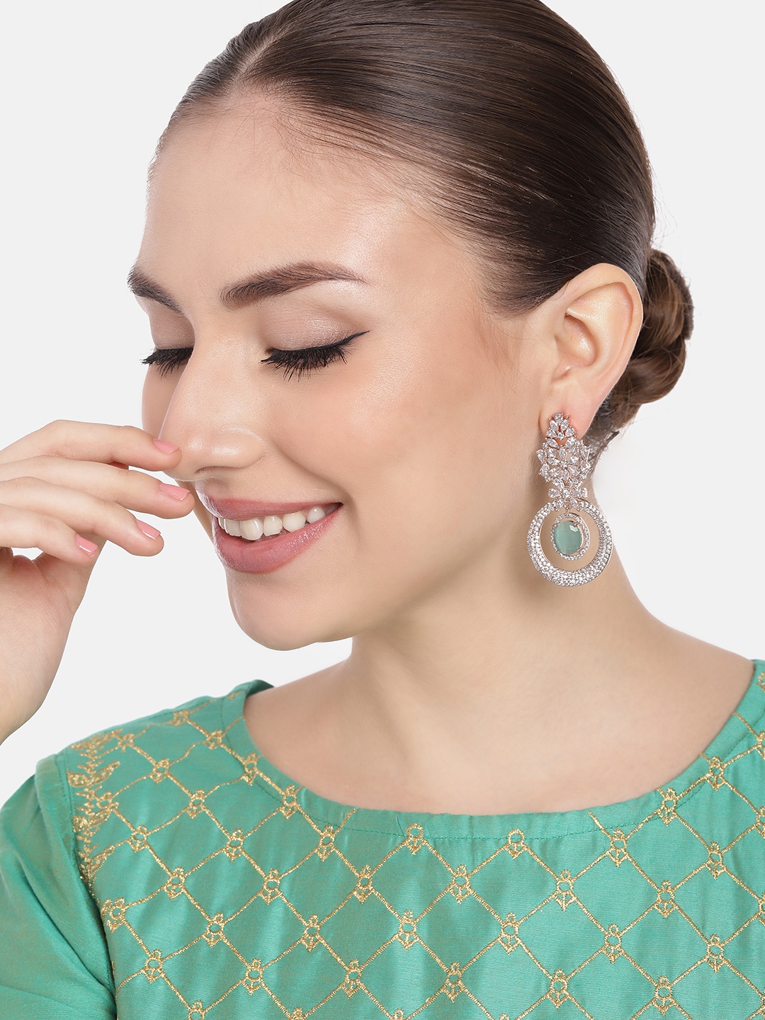 

Estele Rose Gold-Plated CZ-Studded Circular Drop Earrings, Sea green