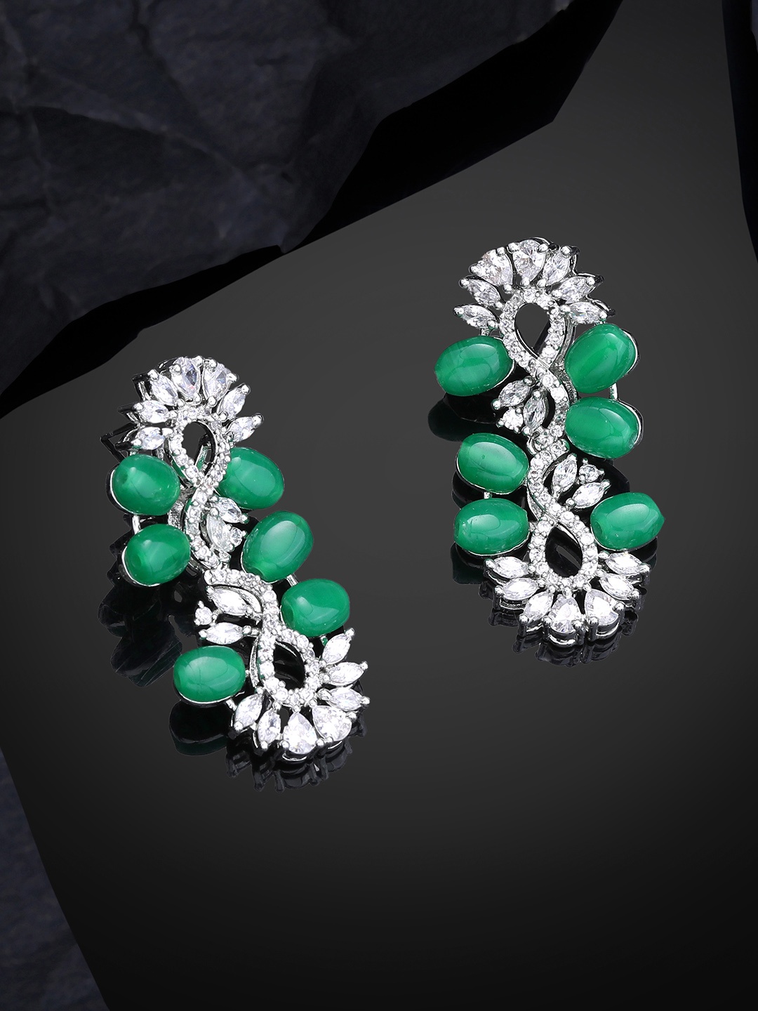 

Estele Rhodium-Plated CZ-Studded Contemporary Drop Earrings, Green