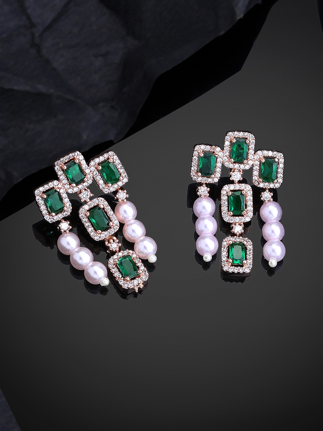 

Estele Rose Gold-Plated CZ-Studded Square Drop Earrings, Green