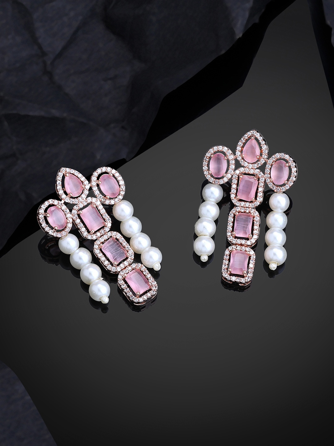 

Estele Rose Gold-Plated CZ-Studded Geometric Drop Earrings, Pink