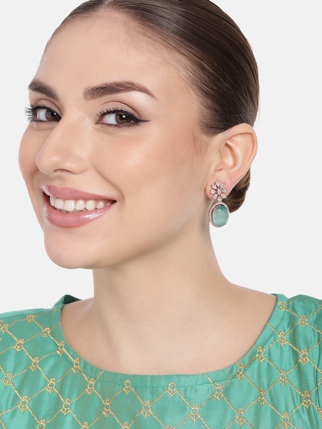 

Estele Rose Gold-Plated CZ-Studded Oval Drop Earrings, Sea green