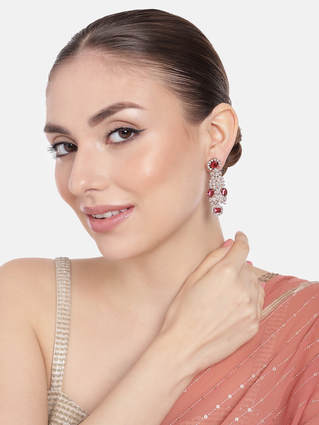 

Estele Rose Gold-Plated CZ-Studded Teardrop Shaped Drop Earrings, Pink