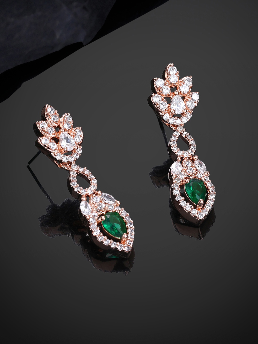 

Estele Rose Gold-Plated CZ-Studded Leaf Shaped Drop Earrings, Green