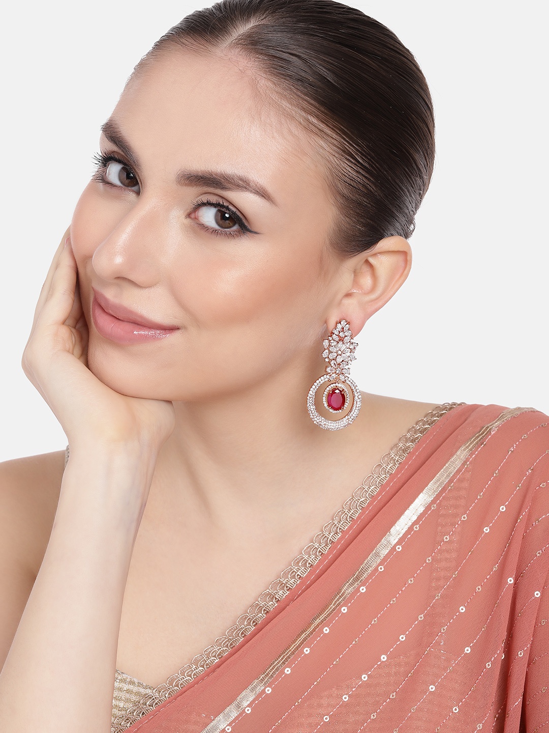 

Estele Rose Gold-Plated CZ-Studded Circular Drop Earrings, Pink