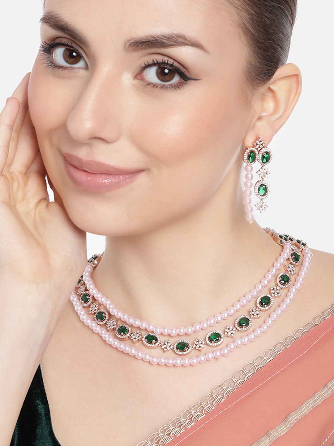 

Estele CZ-Studded Rose Gold-Plated Layered Jewellery Set, Green