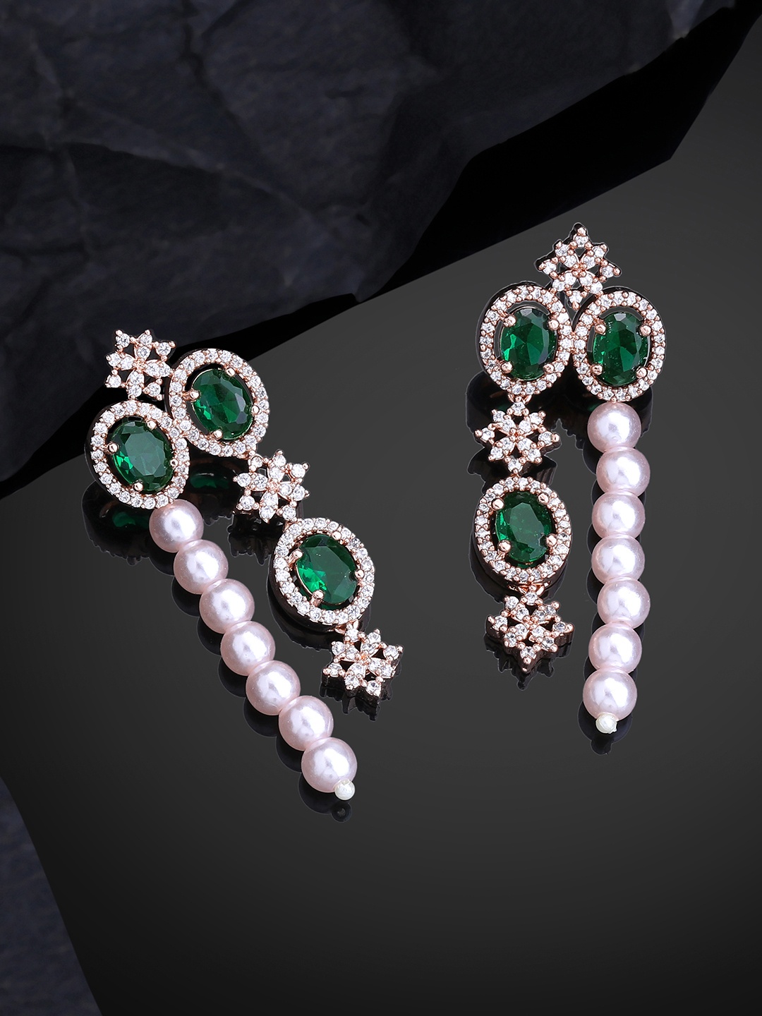 

Estele Rose Gold-Plated CZ-Studded Oval Drop Earrings, Green