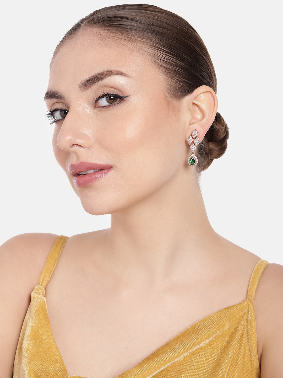 

Estele Rose Gold-Plated CZ-Studded Teardrop Shaped Drop Earrings, Green