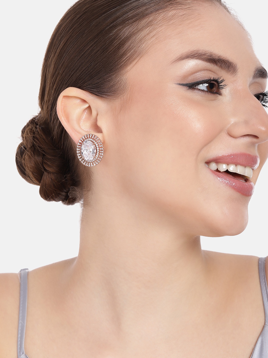 

Estele Rose Gold-Plated CZ-Studded Oval Studs Earrings, White