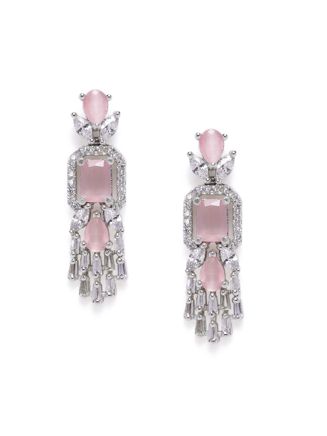 

Estele Rhodium-Plated CZ-Studded Contemporary Drop Earrings, Pink
