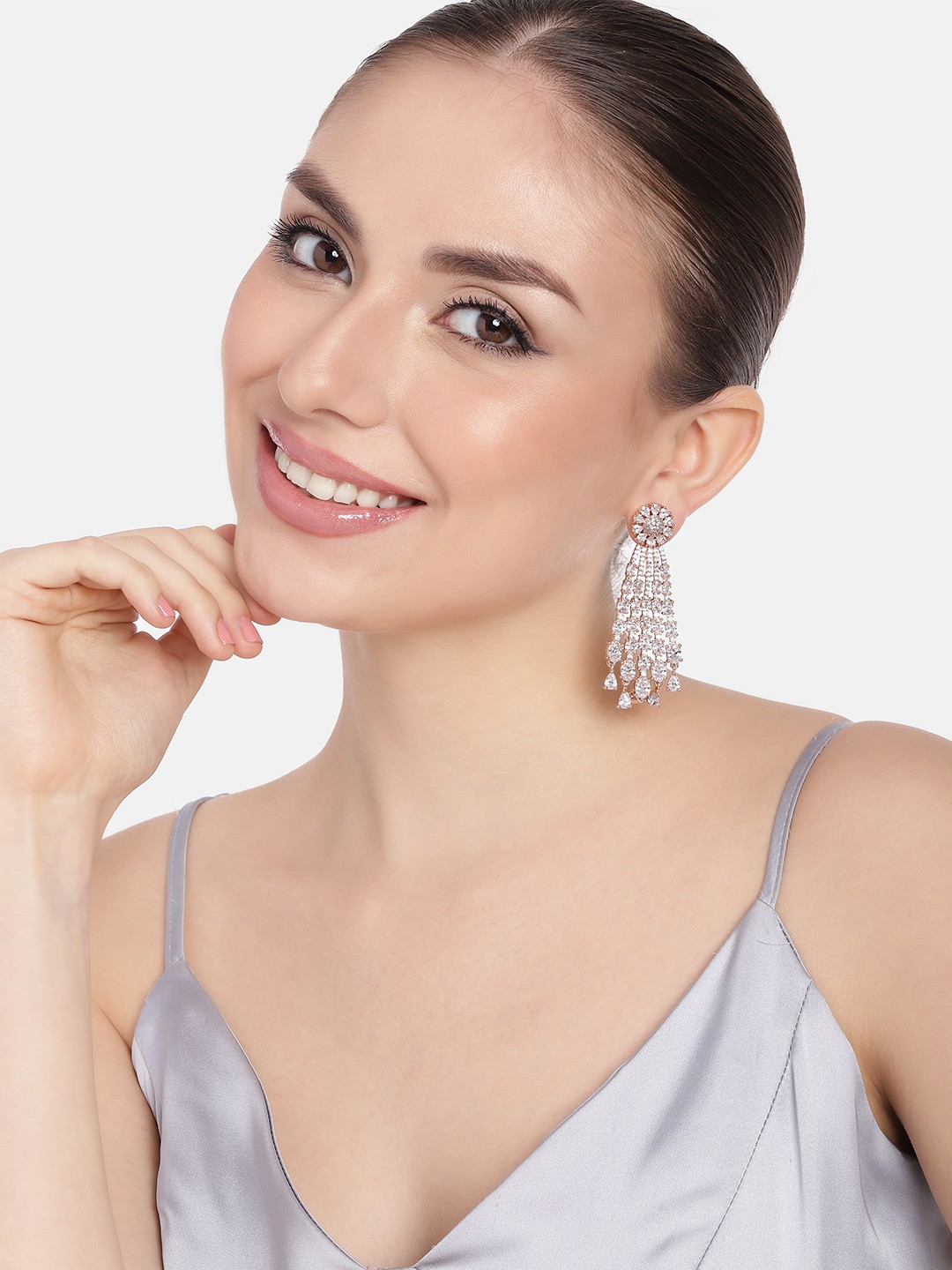 

Estele Rose Gold-Plated CZ-Studded Teardrop Shaped Drop Earrings, White