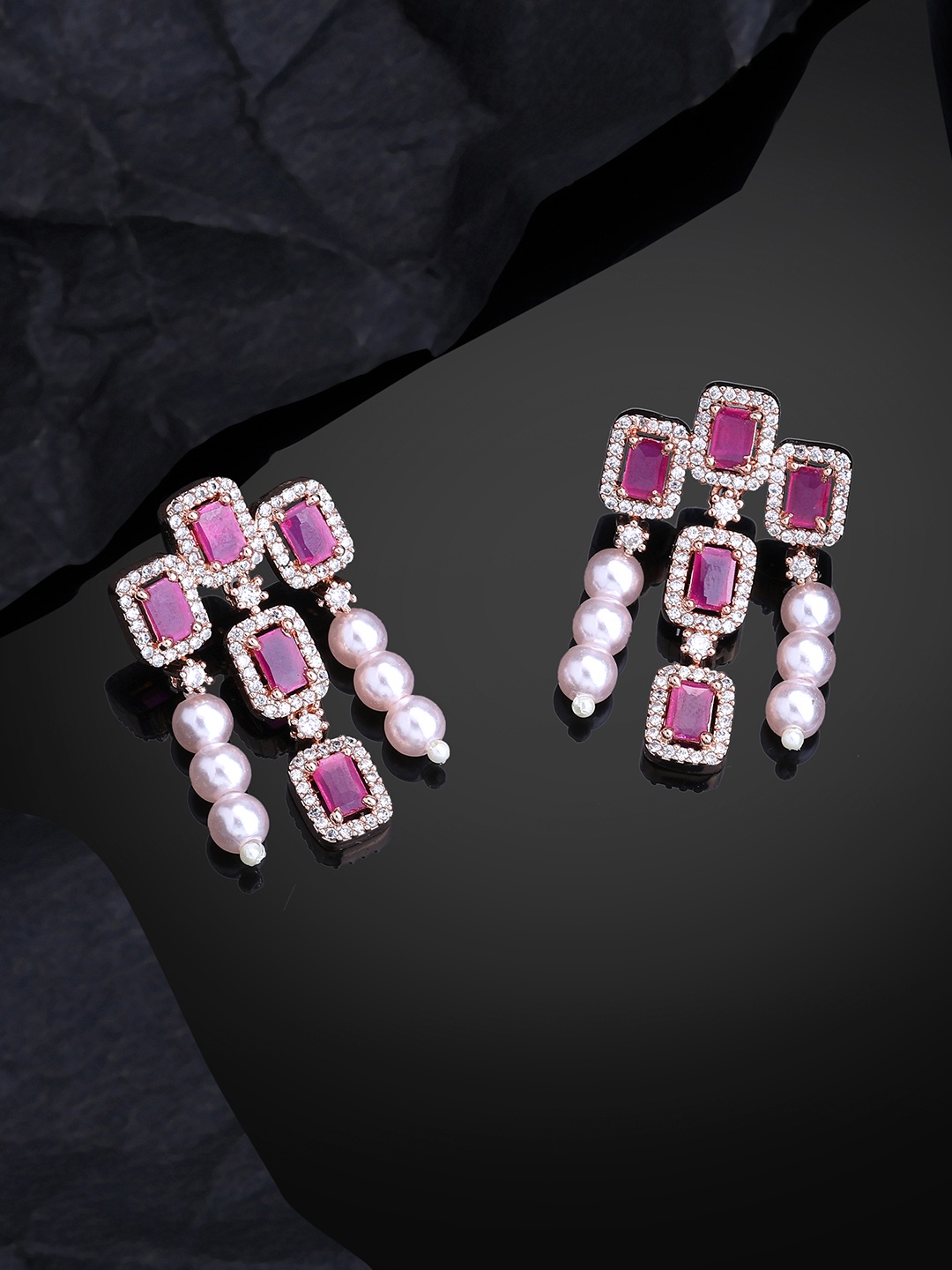 

Estele Rose Gold-Plated CZ-Studded Square Drop Earrings, Pink