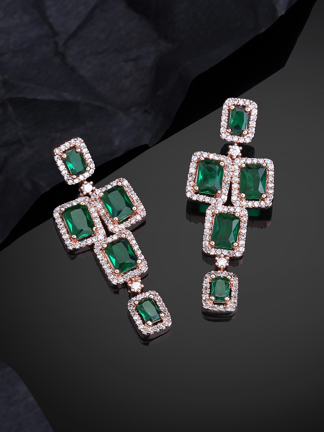 

Estele Rose Gold-Plated CZ-Studded Square Drop Earrings, Green