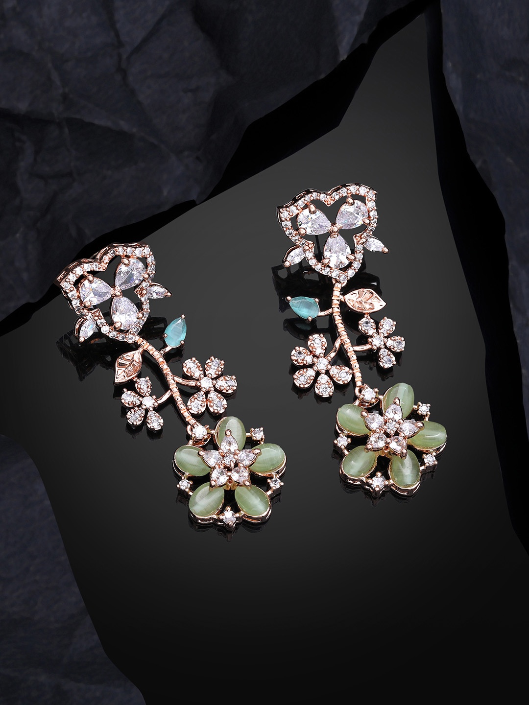 

Estele Rose Gold-Plated CZ-Studded Floral Drop Earrings, Sea green