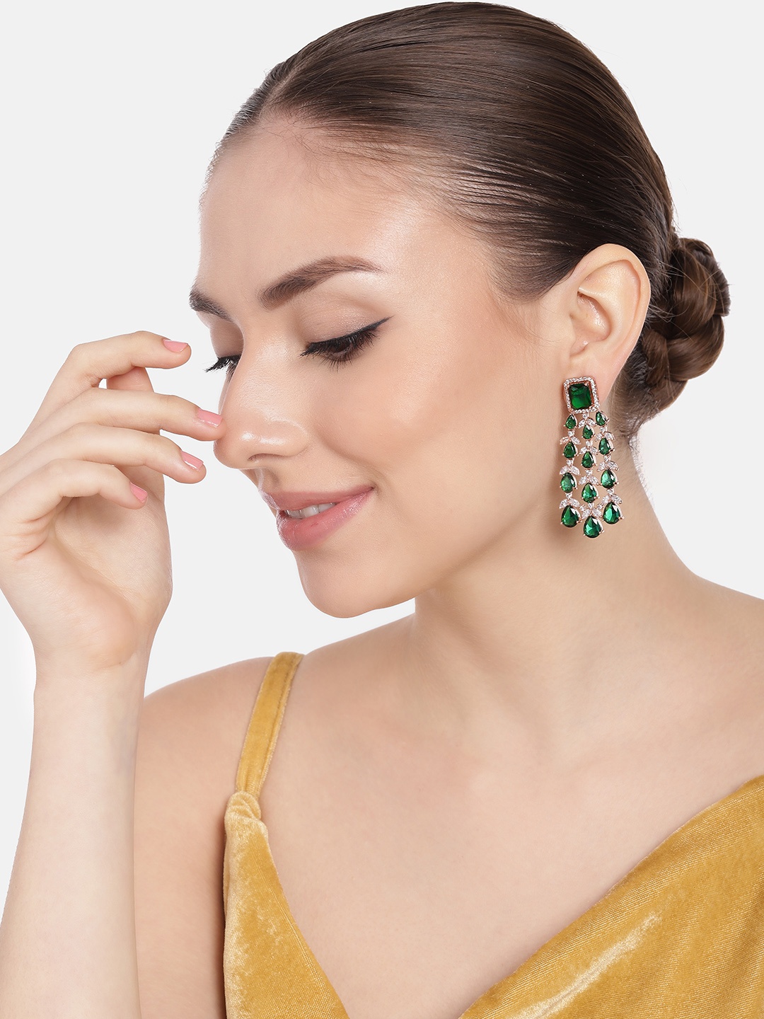 

Estele Rose Gold-Plated CZ-Studded Teardrop Shaped Drop Earrings, Green
