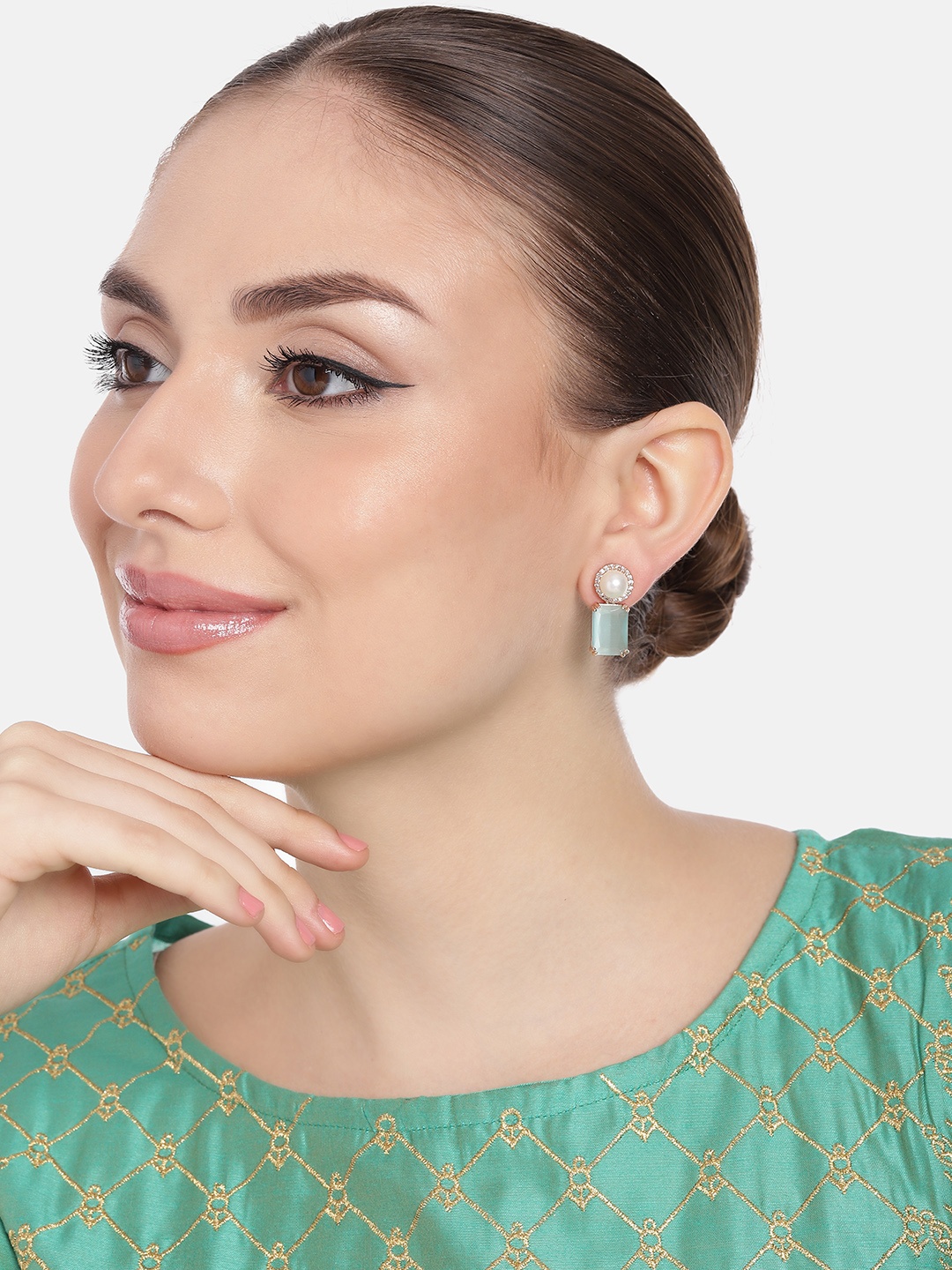 

Estele Rose Gold-Plated CZ-Studded Geometric Drop Earrings, Sea green