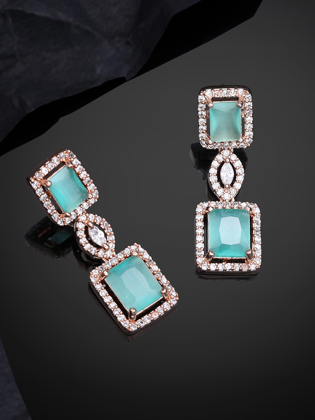 

Estele Rose Gold-Plated CZ-Studded Geometric Drop Earrings, Sea green