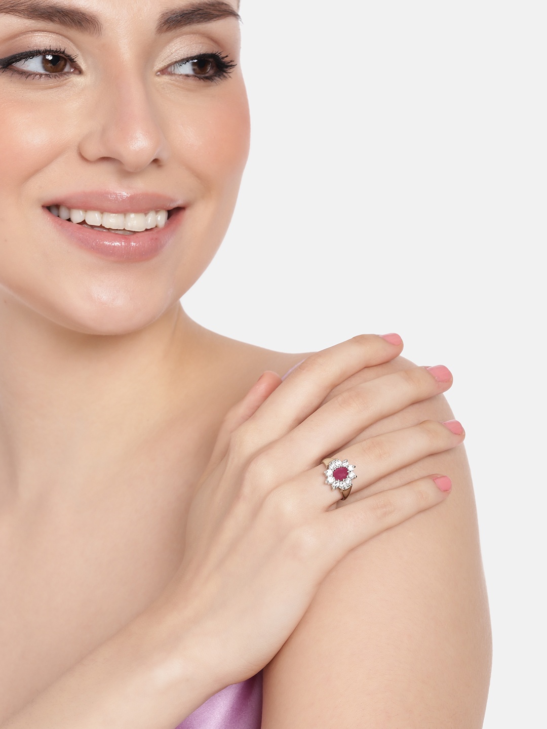 

Estele Women Rhodium-Plated CZ-Studded Adjustable Finger Ring, Silver