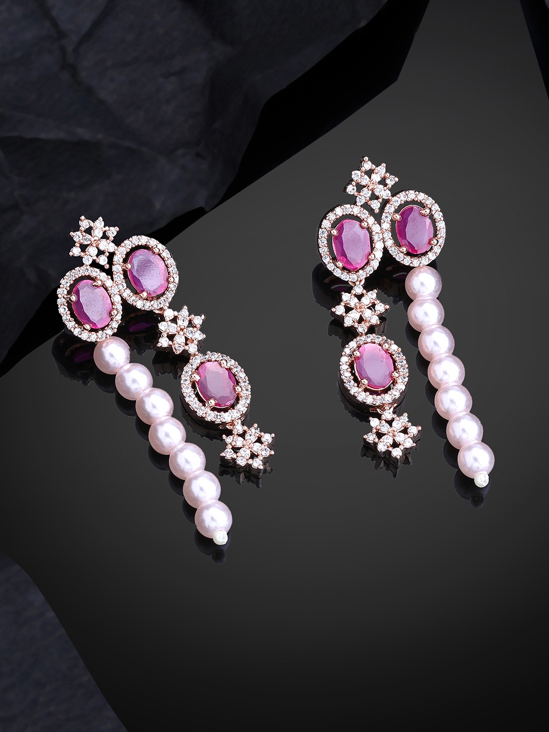 

Estele Rose Gold-Plated CZ-Studded Oval Drop Earrings, Pink