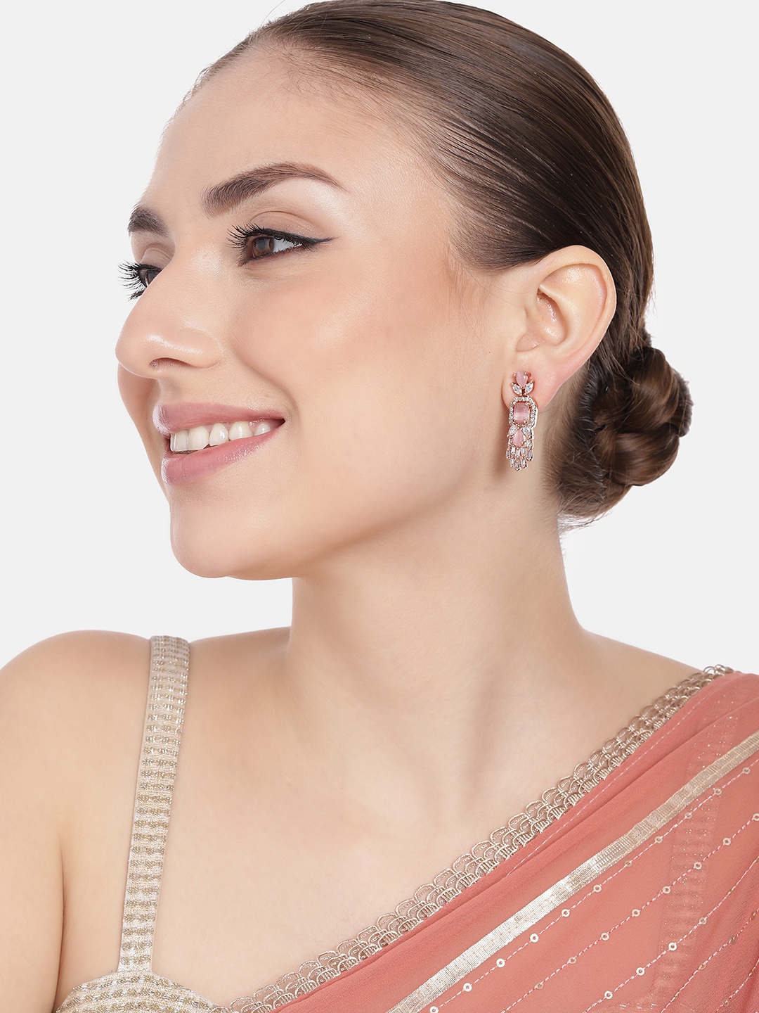 

Estele Rose Gold-Plated CZ-Studded Contemporary Drop Earrings, Pink