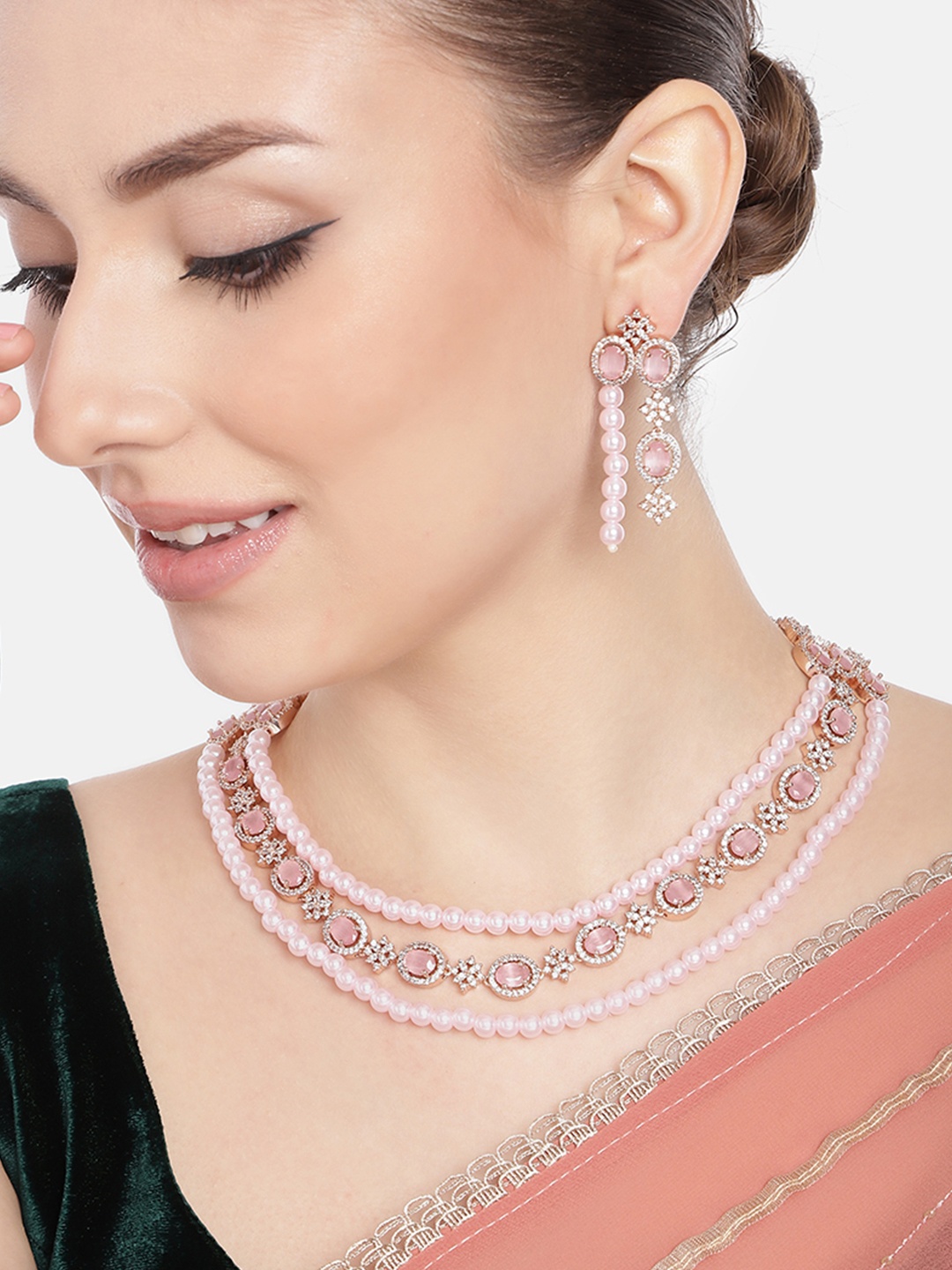 

Estele CZ-Studded Rose Gold-Plated Layered Jewellery Set, Pink