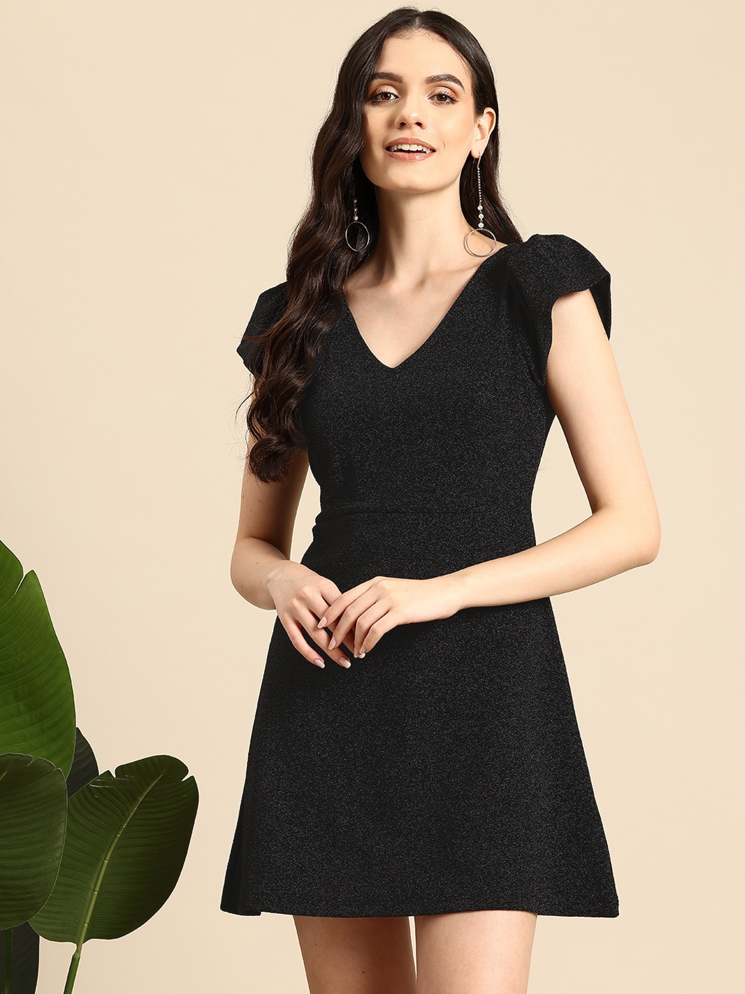 

Mast & Harbour Puff Sleeves Speckled A-Line Mini Dress, Black
