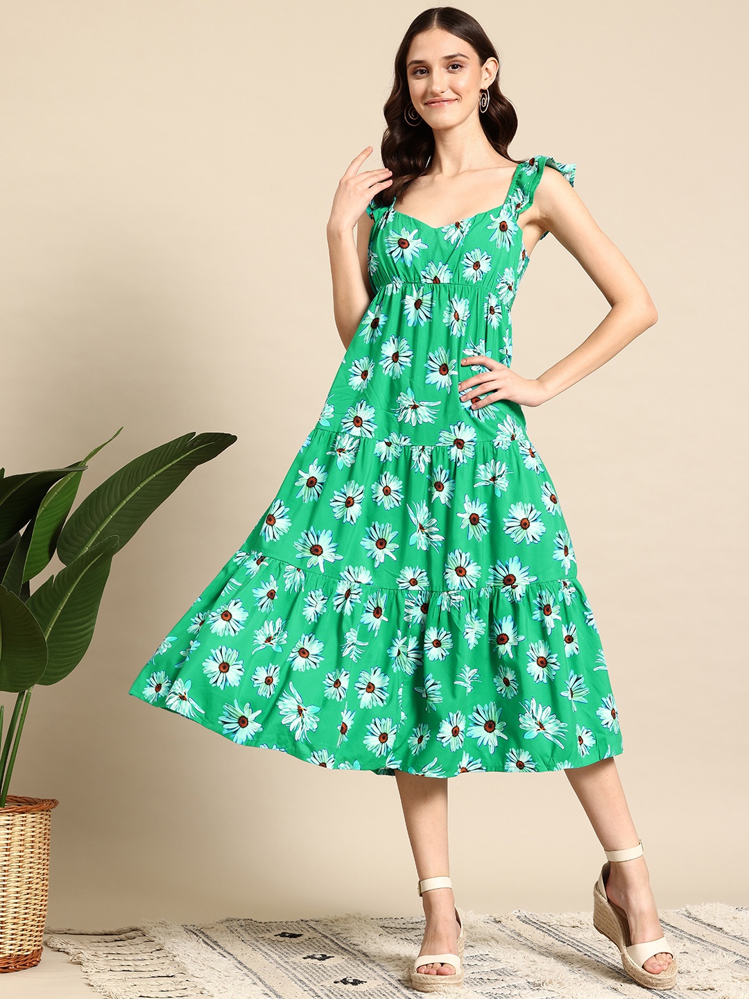 

Mast & Harbour Floral Print Smocked Tiered A-Line Midi Dress, Green