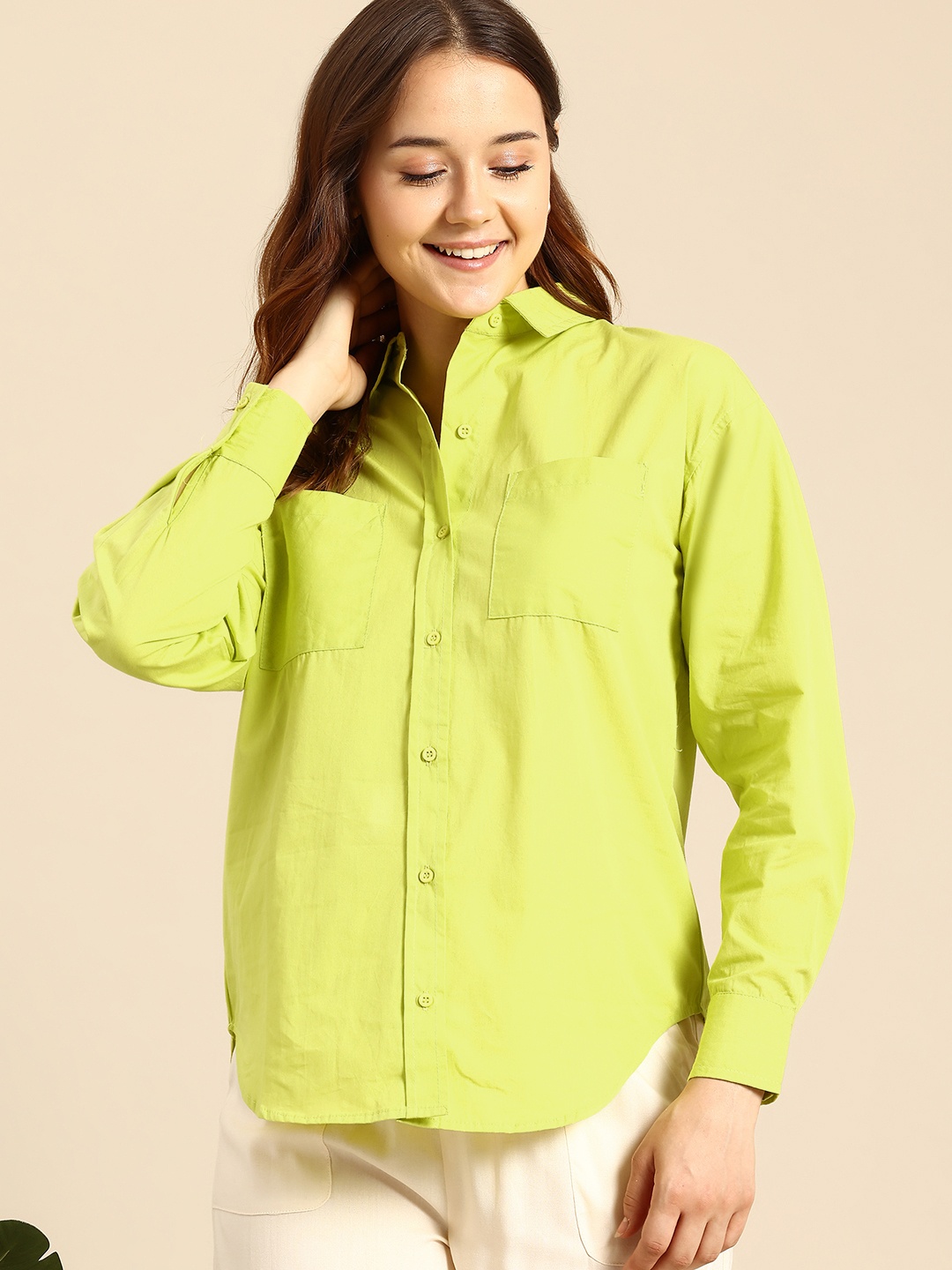 

Mast & Harbour Pure Cotton Chest Pocket Detailed Shirt, Lime green