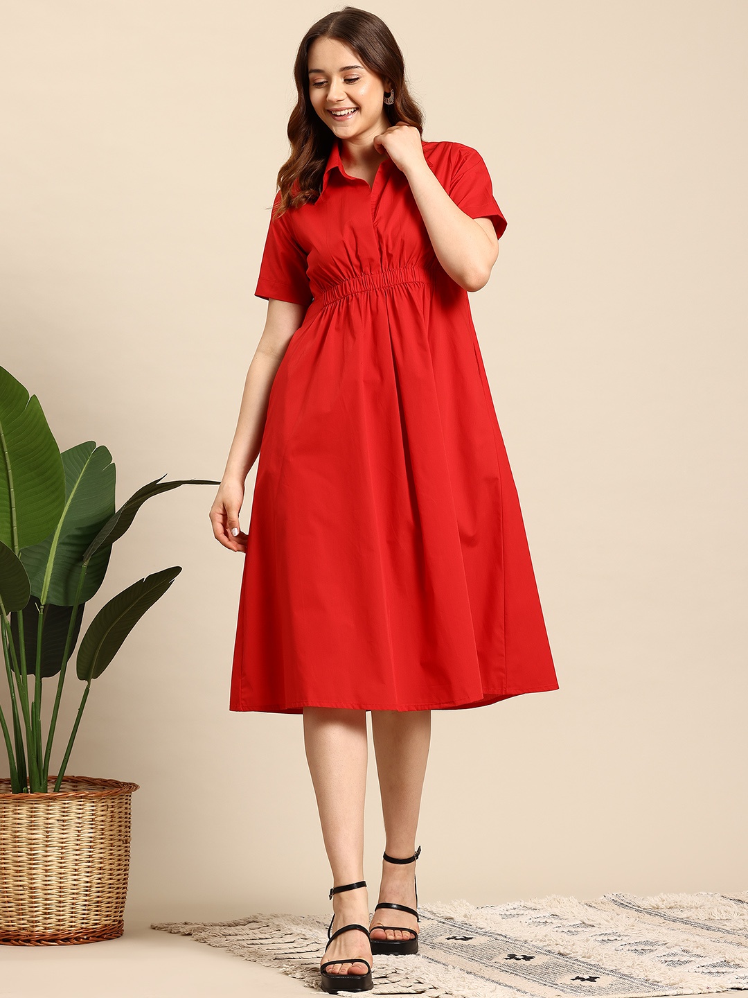 

Mast & Harbour Pure Cotton Shirt Midi Dress, Red