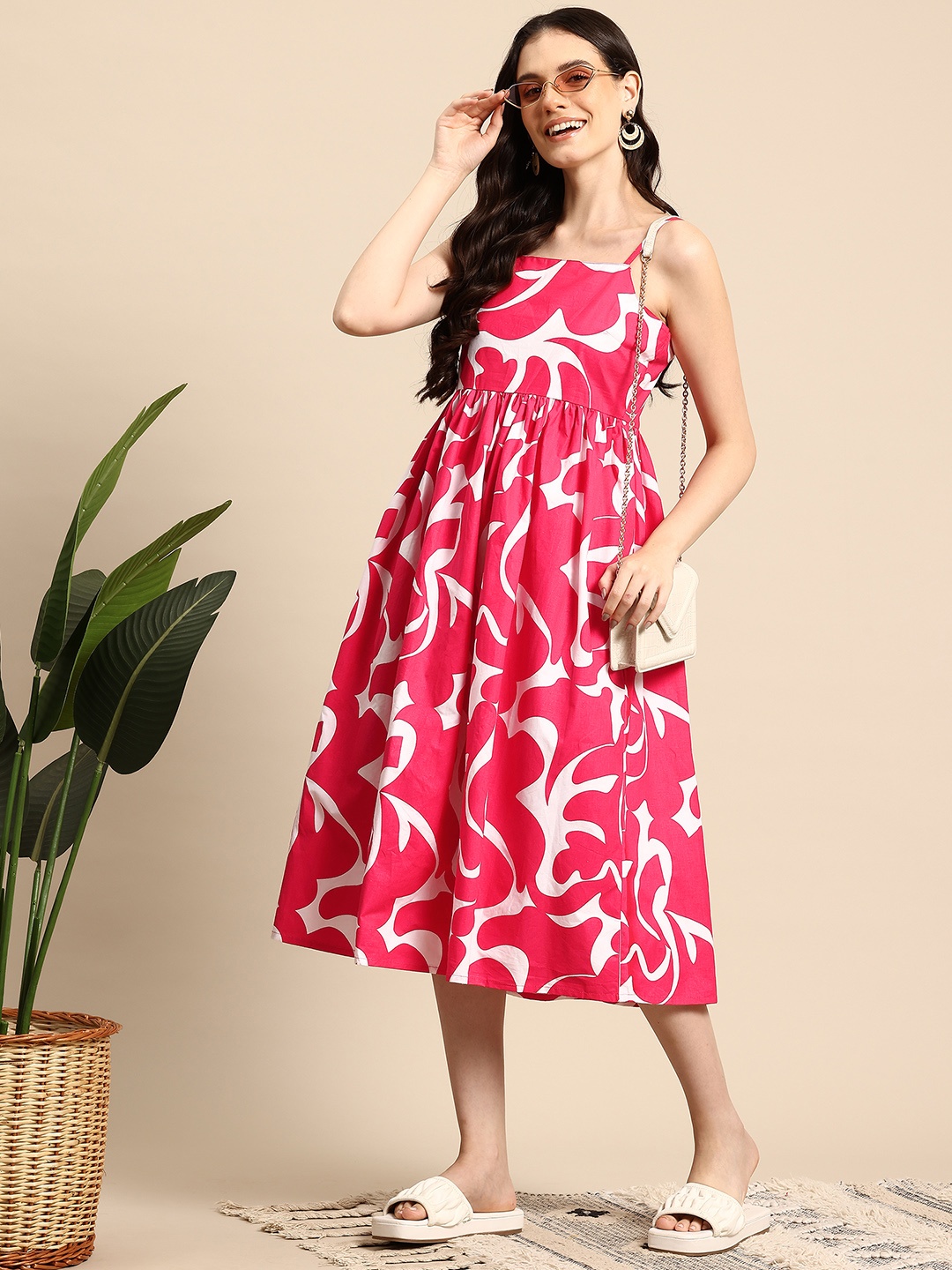 

Mast & Harbour Print A-Line Midi Dress, Fuchsia