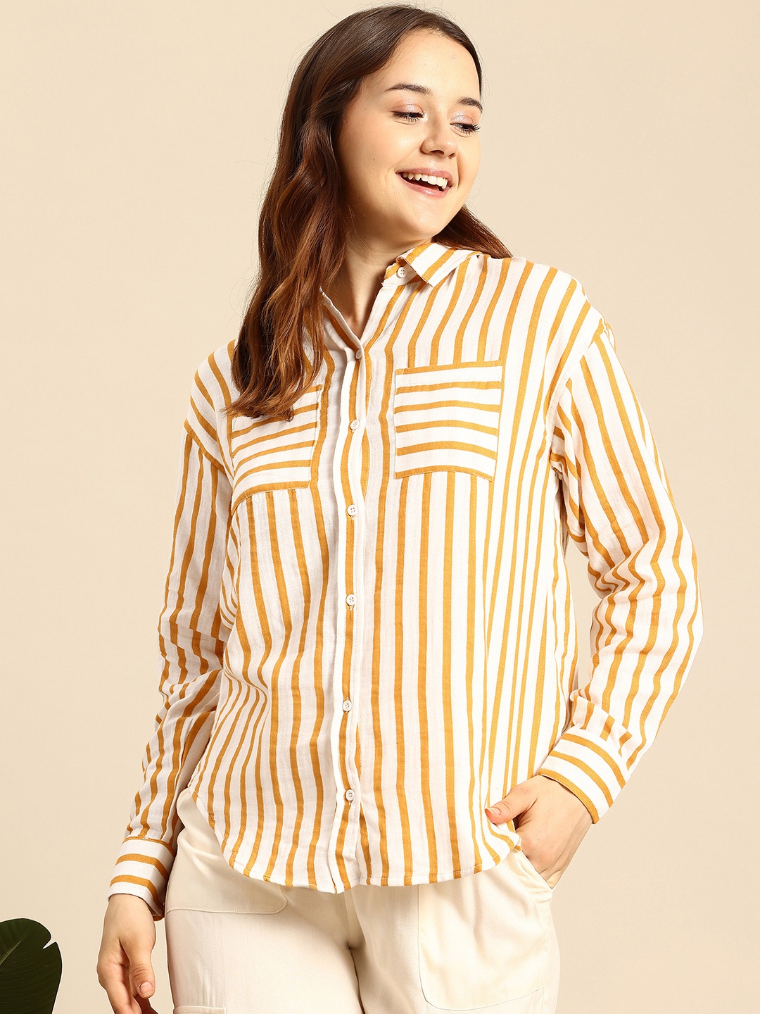 

Mast & Harbour Pure Cotton Chest Pocket Detailed Striped Shirt, Yellow