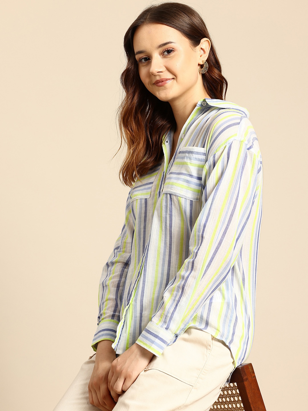 

Mast & Harbour Pure Cotton Chest Pocket Detailed Striped Shirt, Blue