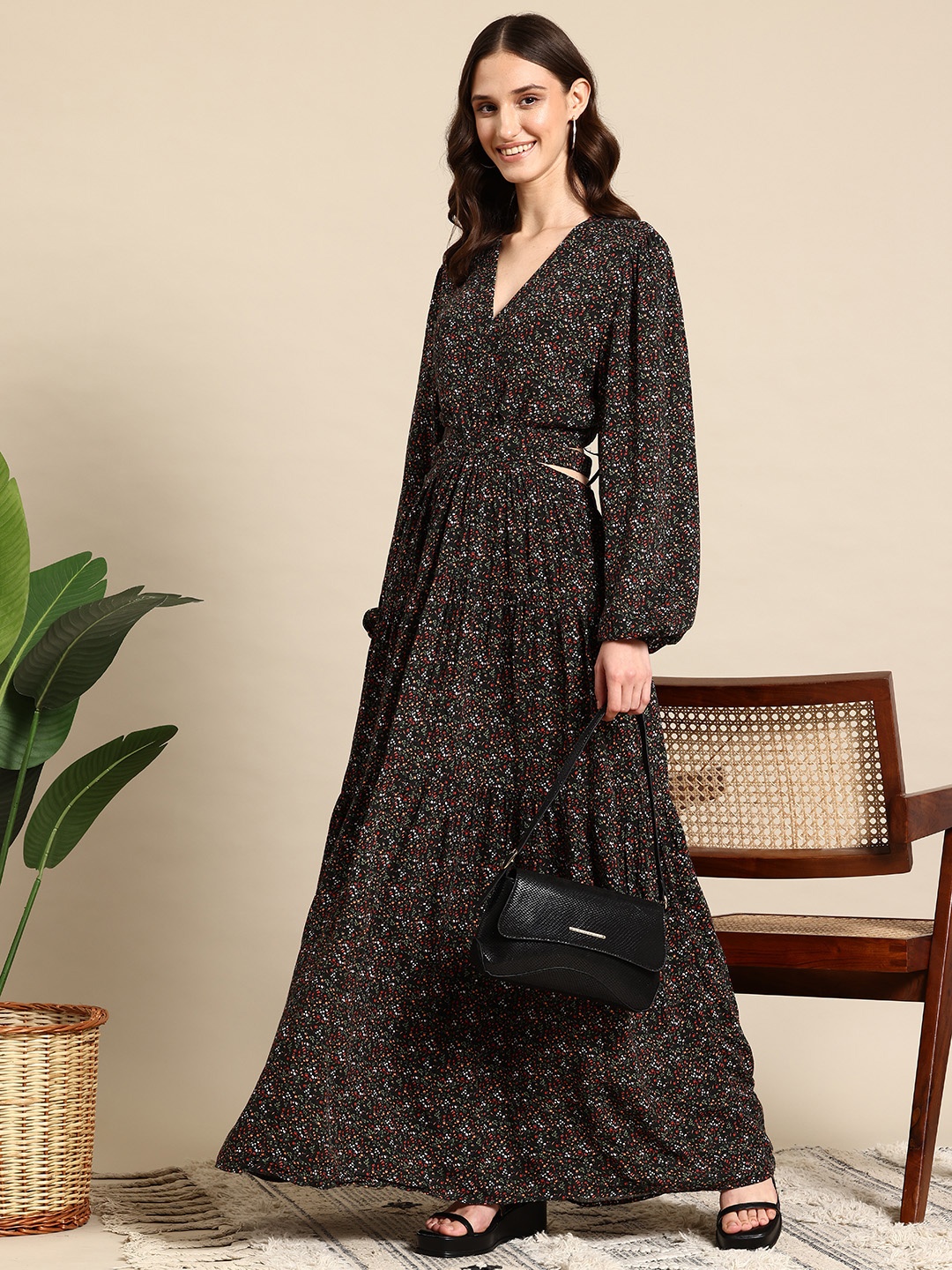 

Mast & Harbour Floral Print Cut-Out Maxi Dress, Black