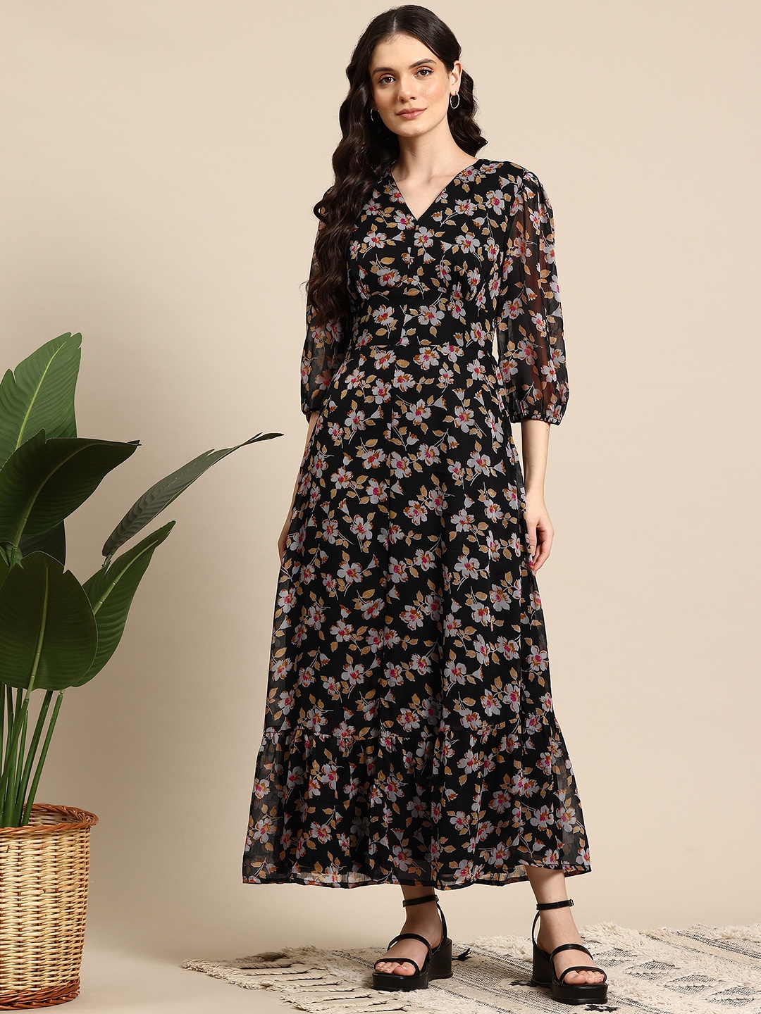 

Mast & Harbour Smocked Floral Print Puff Sleeve Fit & Flare Midi Dress, Black