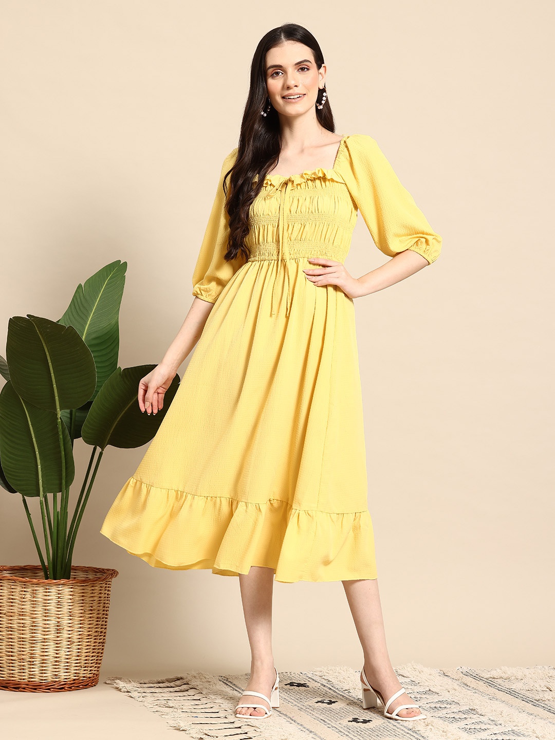 

Mast & Harbour Seersucker Smocked A-Line Midi Dress, Yellow