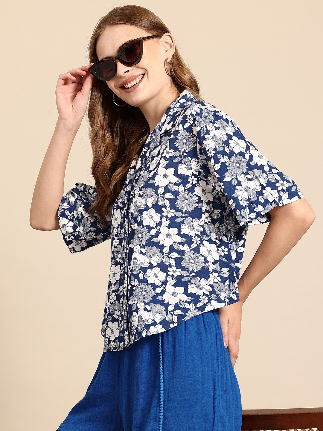 

Mast & Harbour Flared Sleeves Boxy Fit Floral Printed Shirt, Blue