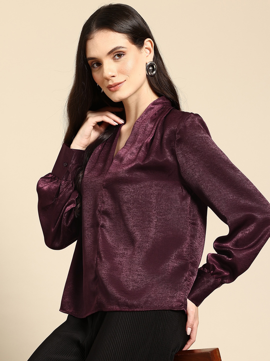 

Mast & Harbour Shirt Style Top with Cuffed Sleeves, Burgundy