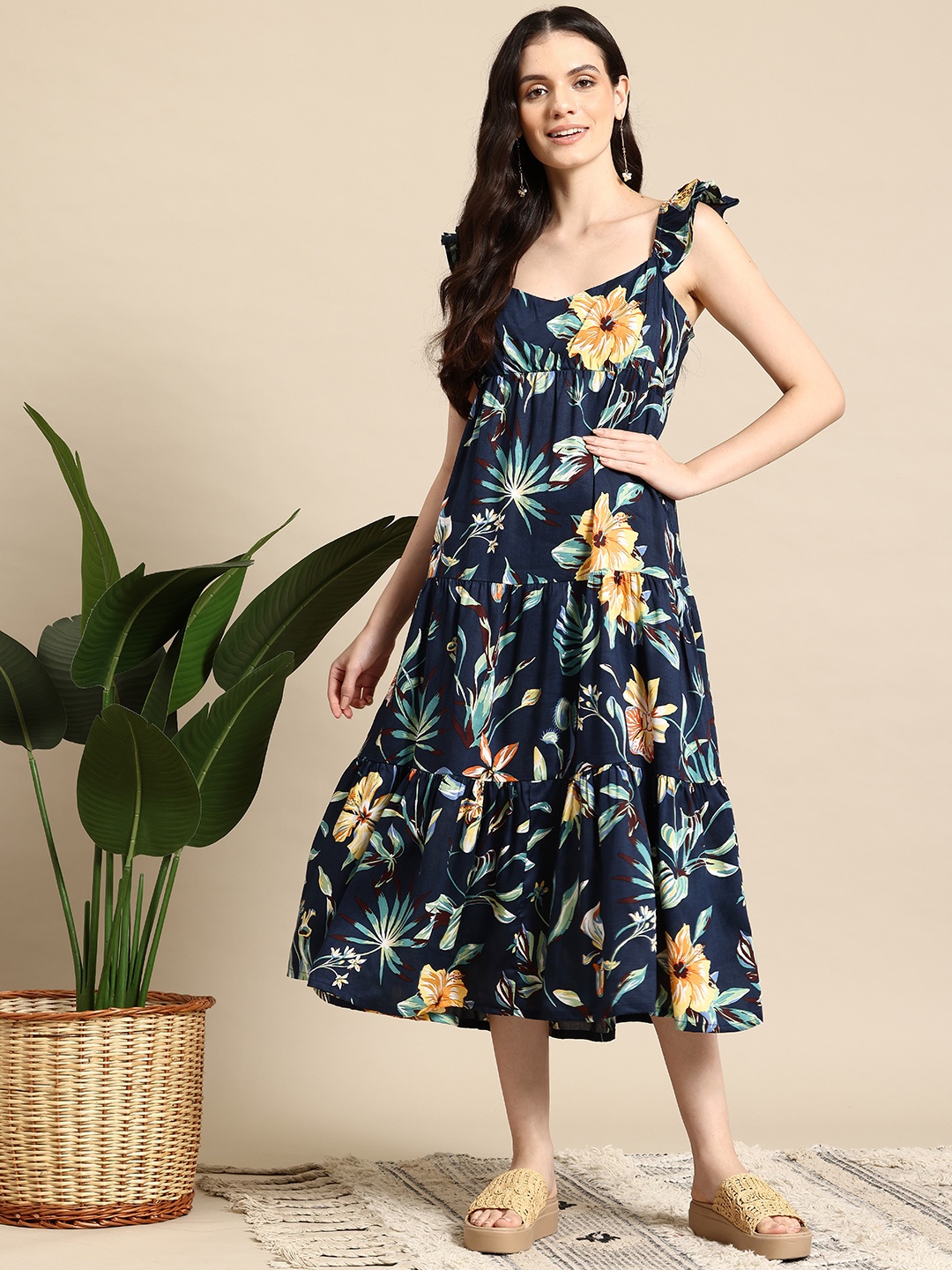 

Mast & Harbour Floral Print Smocked Tiered A-Line Midi Dress, Navy blue