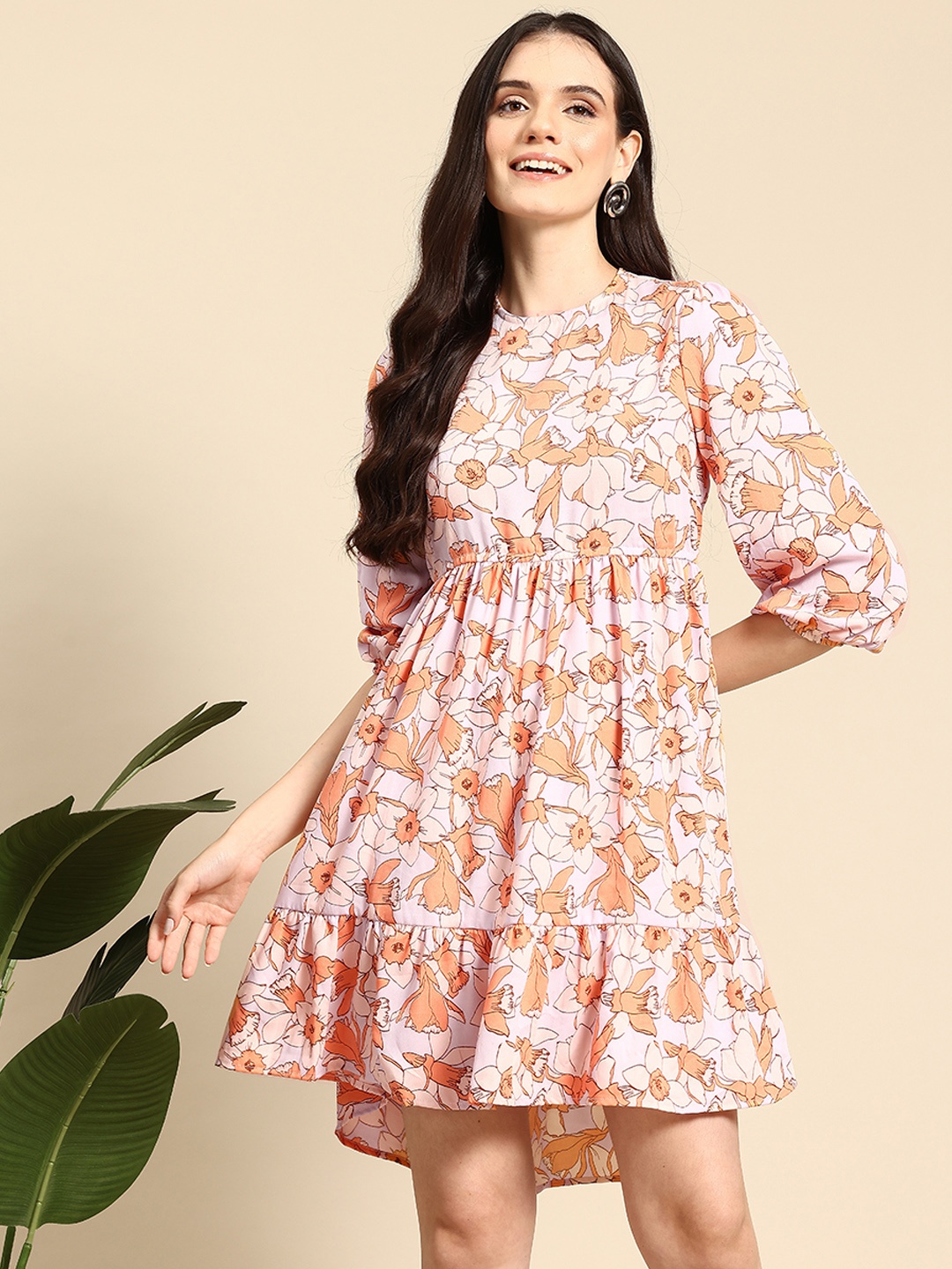 

Mast & Harbour Floral Print Dress with Flounce Hem, Orange