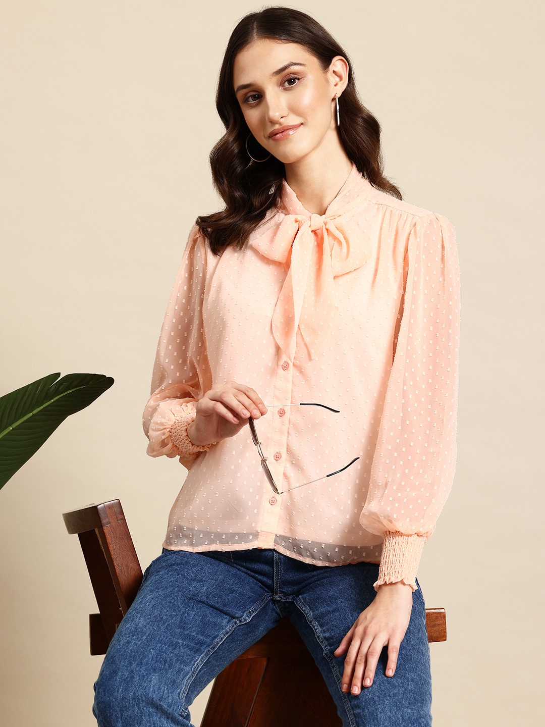 

Mast & Harbour Tie-Up Neck Dobby Weave Shirt Style Top, Peach