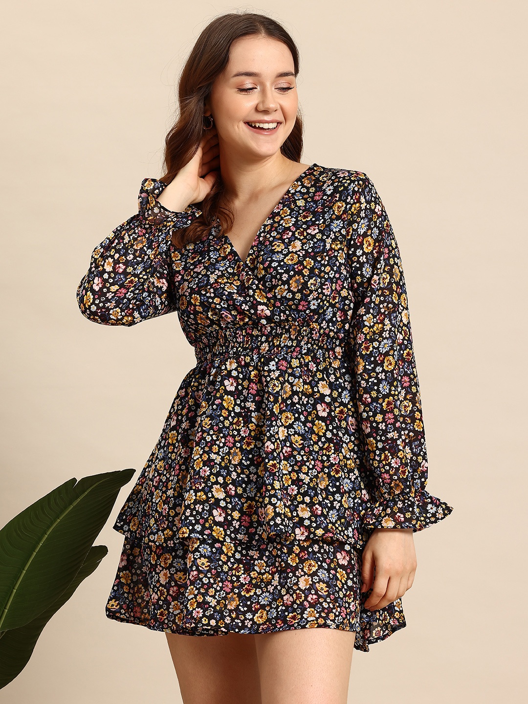 

Mast & Harbour Floral Print Bell Sleeve Ruffled Mini Dress, Multi