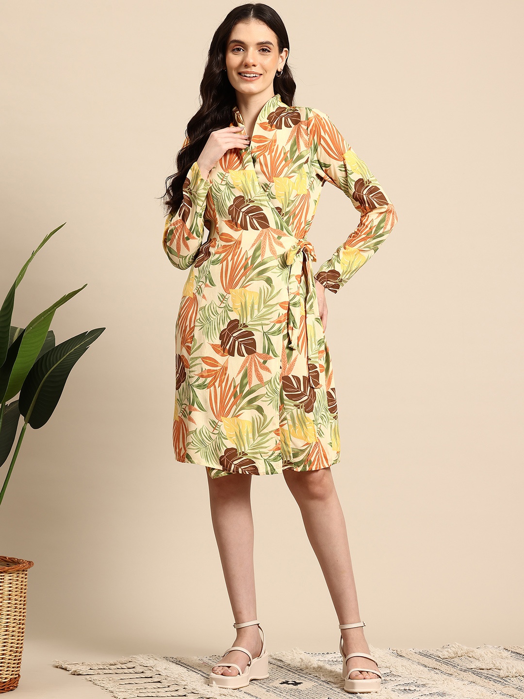 

Mast & Harbour Tropical Print Wrap Midi Dress, Yellow