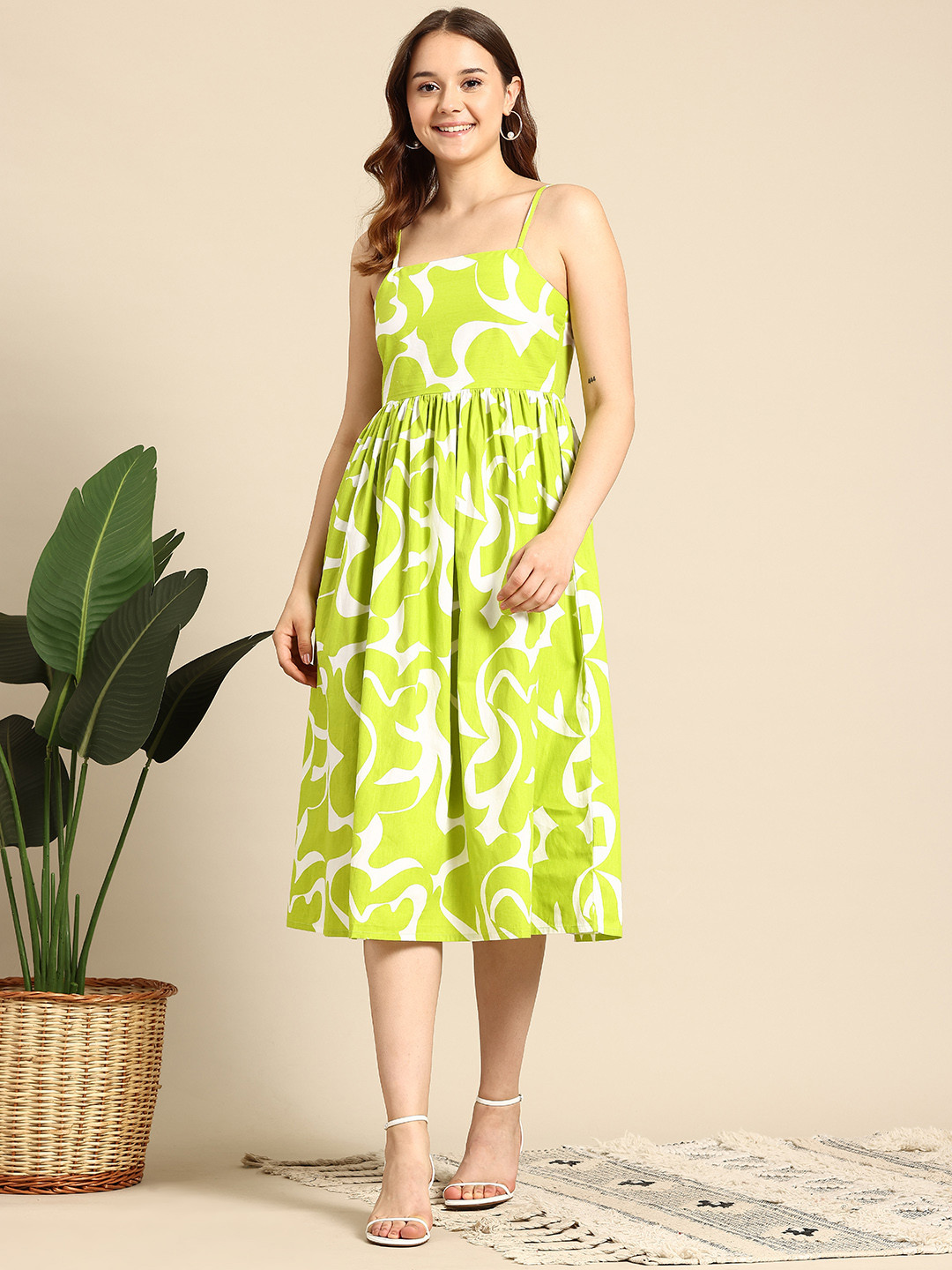 

Mast & Harbour Floral Print Cotton A-Line Midi Dress, Green