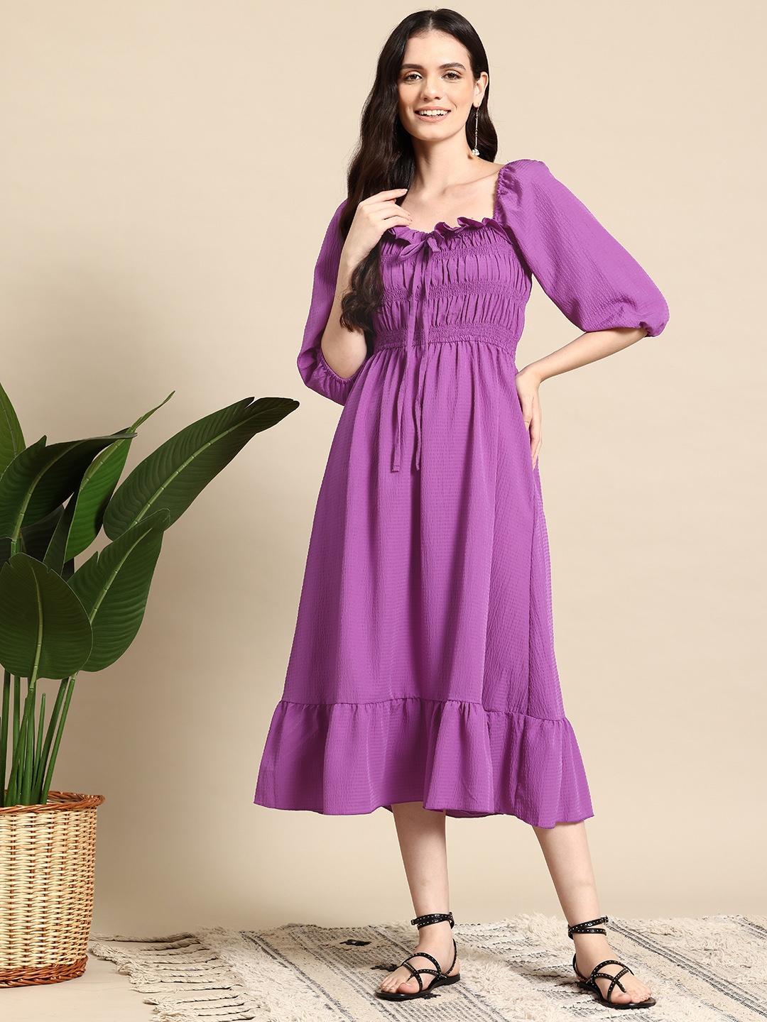 

Mast & Harbour Seersucker Smocked A-Line Midi Dress, Purple