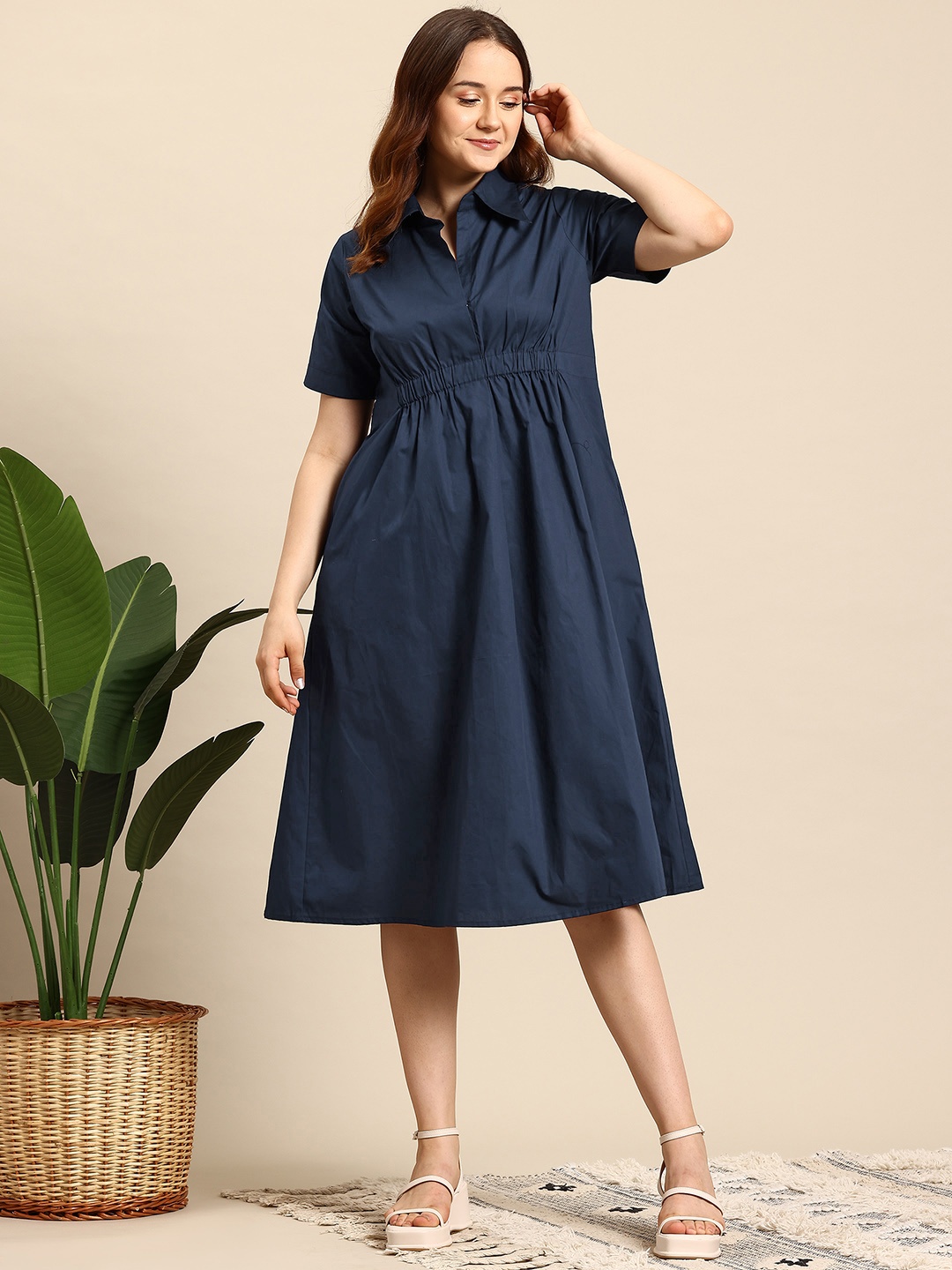 

Mast & Harbour Pure Cotton Shirt Midi Dress, Navy blue
