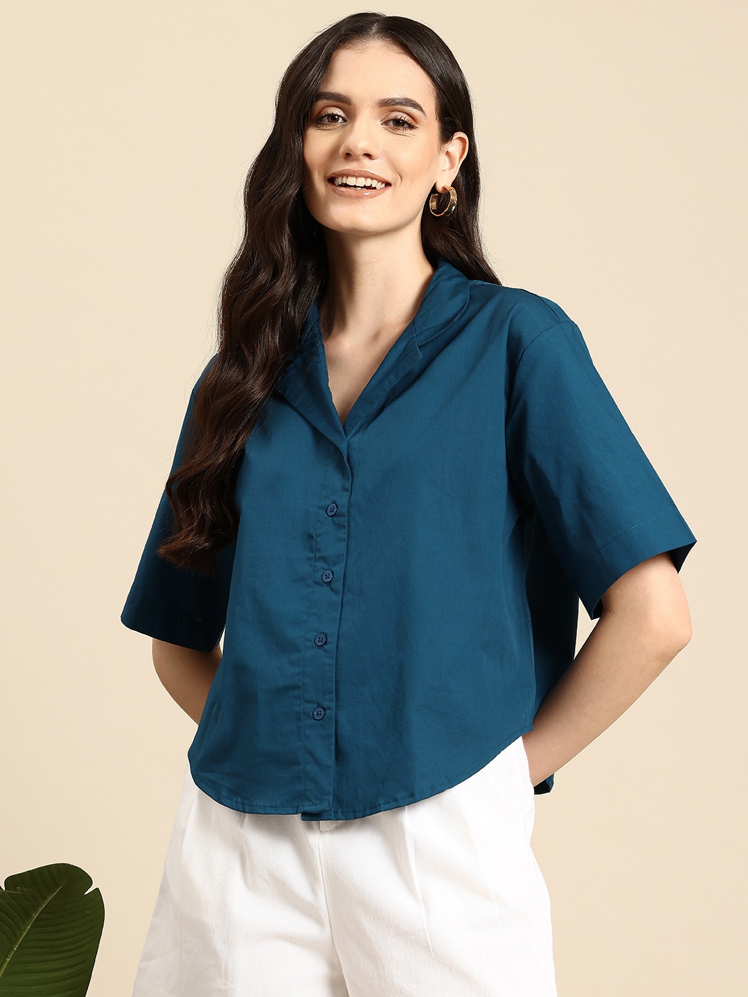 

Mast & Harbour Pure Cotton Cuban Collar Boxy Shirt, Teal