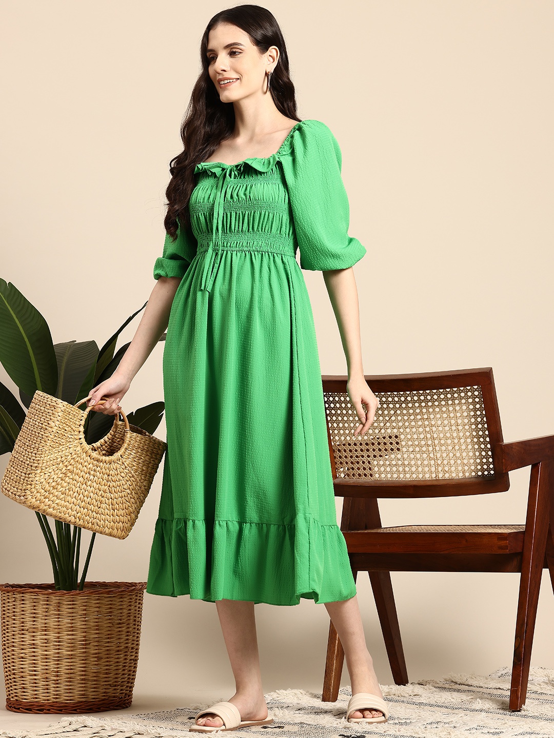 

Mast & Harbour Ruffled Smocked A-Line Midi Dress, Green
