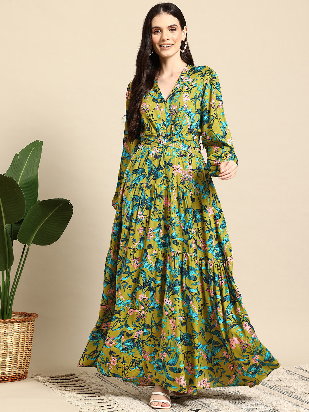 

Mast & Harbour Cut-Out Floral Print Maxi Dress, Green