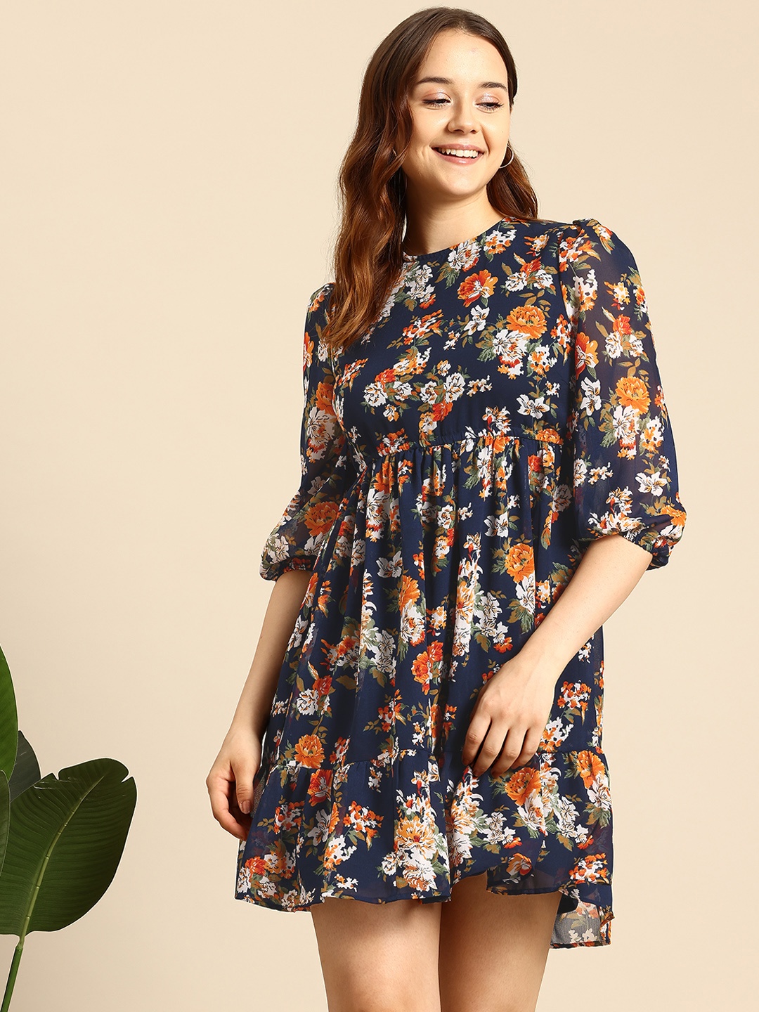 

Mast & Harbour Floral Print Puff Sleeves A-Line Mini Dress, Navy blue