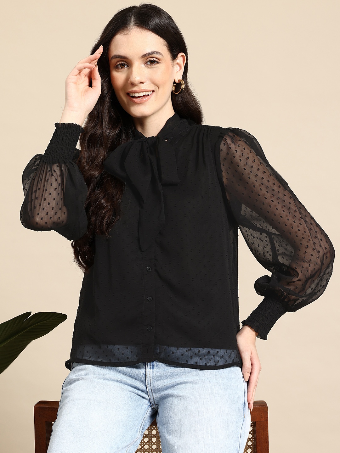 

Mast & Harbour Tie-Up Neck Dobby Weave Shirt Style Top, Black